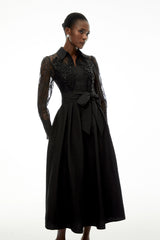Lilliana Black Lace Midi Dress with Lapel Collar