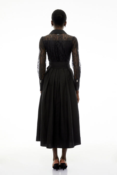 Federica Midi Dress Black Lace with Lapel Collar