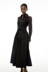 Lilliana Black Lace Midi Dress with Lapel Collar