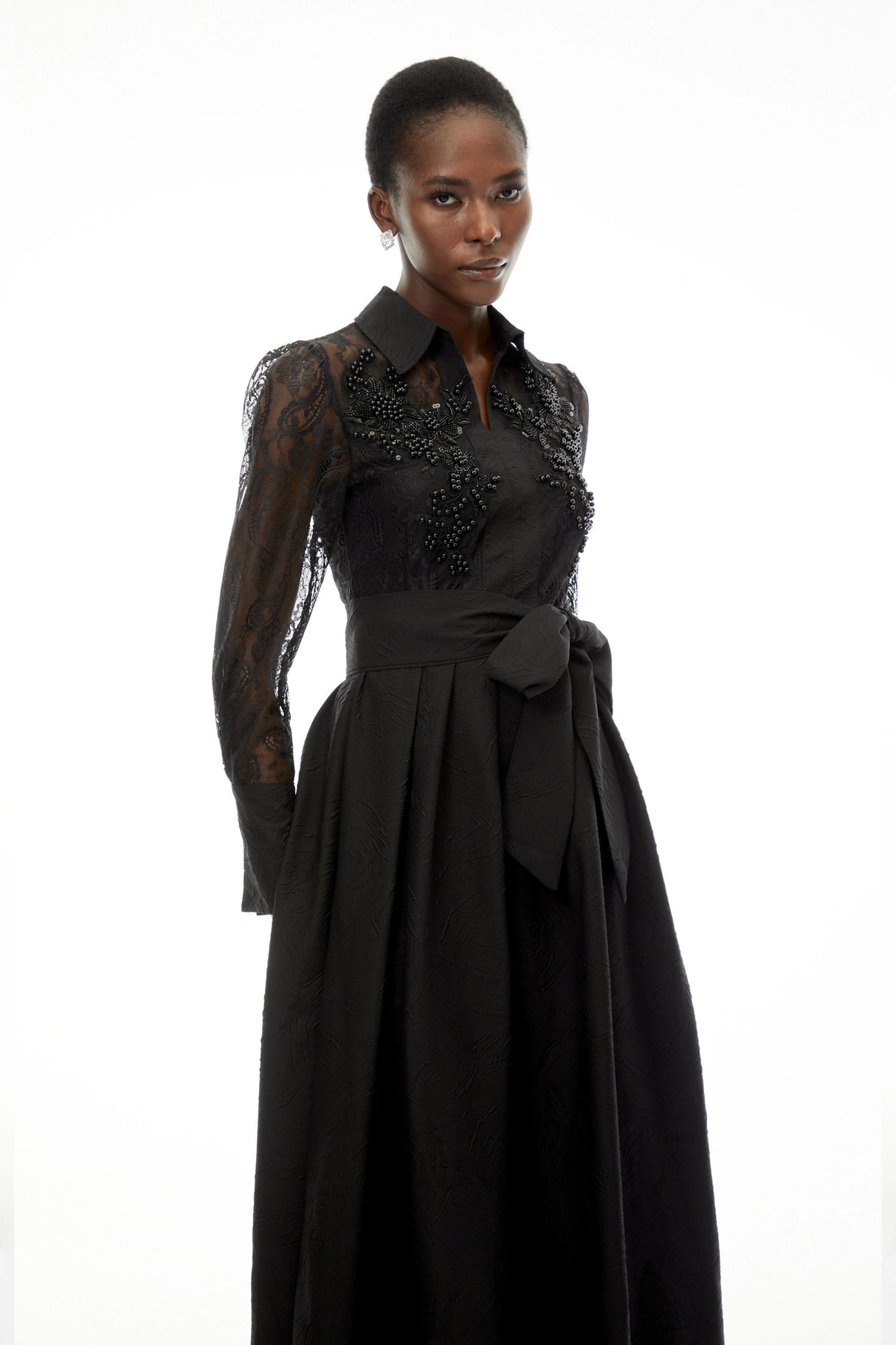 Lilliana Black Lace Midi Dress with Lapel Collar
