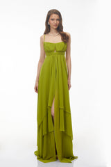 Lilliana Olive Green Tiered Maxi Dress with CutOuts