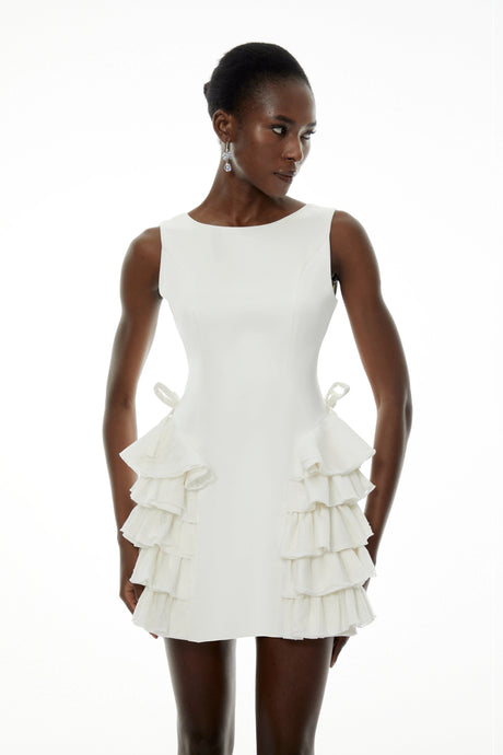 Zaylee Mini Dress White Sleeveless Tiered Ruffled