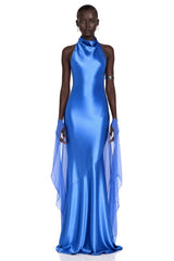 Lilou Blue Backless Satin Maxi Dress with Chiffon Drape