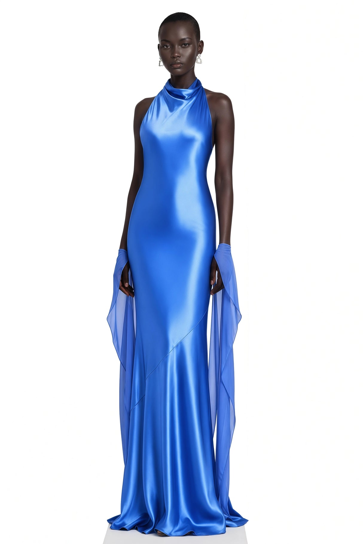 Lilou Blue Backless Satin Maxi Dress with Chiffon Drape