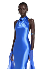 Lilou Blue Backless Satin Maxi Dress with Chiffon Drape