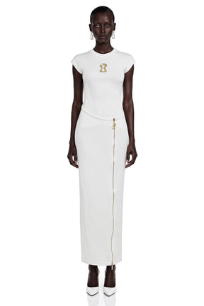 Linda White Bodycon Maxi Dress with Rhinestone Brooch