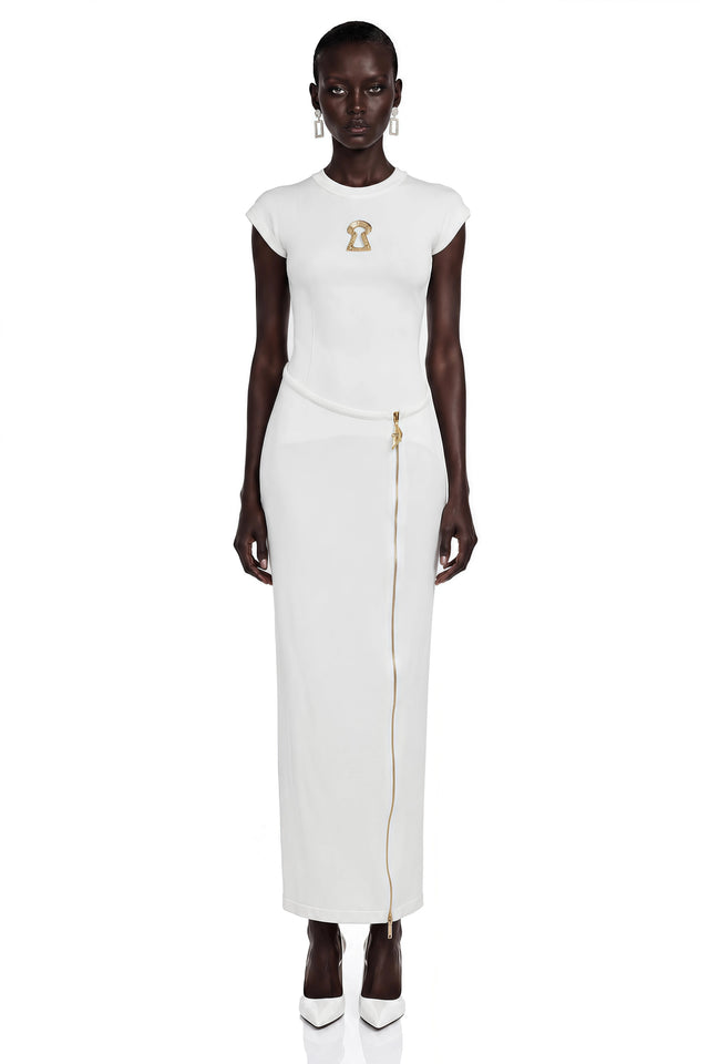Linda White Bodycon Maxi Dress with Rhinestone Brooch