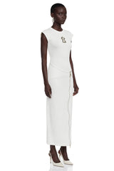 Linda White Bodycon Maxi Dress with Rhinestone Brooch