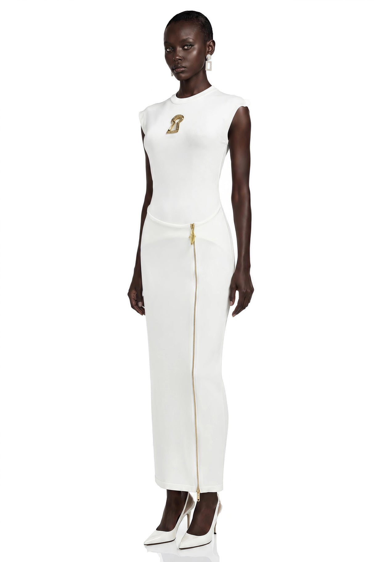 Linda White Bodycon Maxi Dress with Rhinestone Brooch