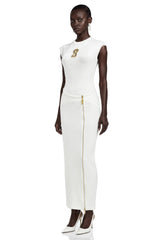 Linda White Bodycon Maxi Dress with Rhinestone Brooch