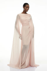 Lindsay Pink Ruched Maxi Dress with Draped Sleeves