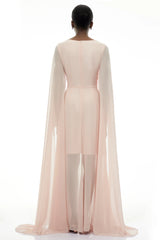 Lindsay Pink Ruched Maxi Dress with Draped Sleeves