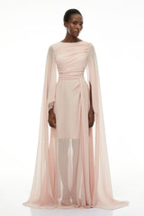 Lindsay Pink Ruched Maxi Dress with Draped Sleeves