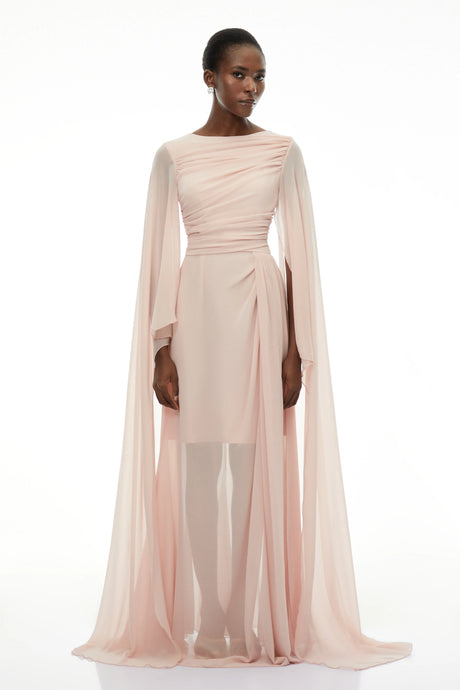 Clara Maxi Dress Pink Ruched with Draped Sleeves