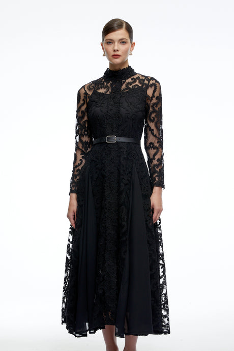 Denise Midi Dress Black Long Sleeves Lace