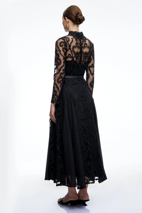 Denise Midi Dress Black Long Sleeves Lace