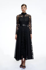 Linnea Black Long Sleeves Lace Midi Dress