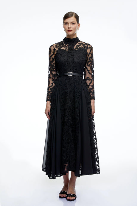 Denise Midi Dress Black Long Sleeves Lace