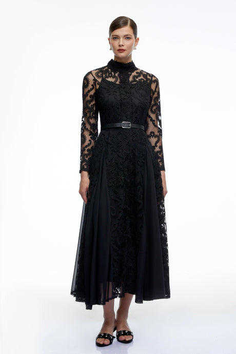 Denise Midi Dress Black Long Sleeves Lace