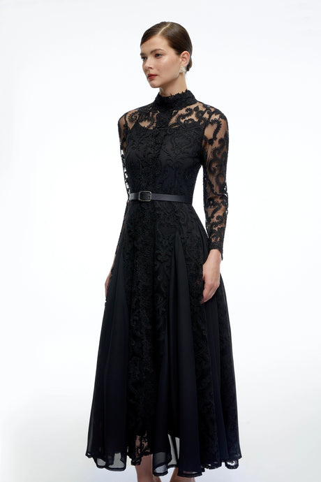 Denise Midi Dress Black Long Sleeves Lace