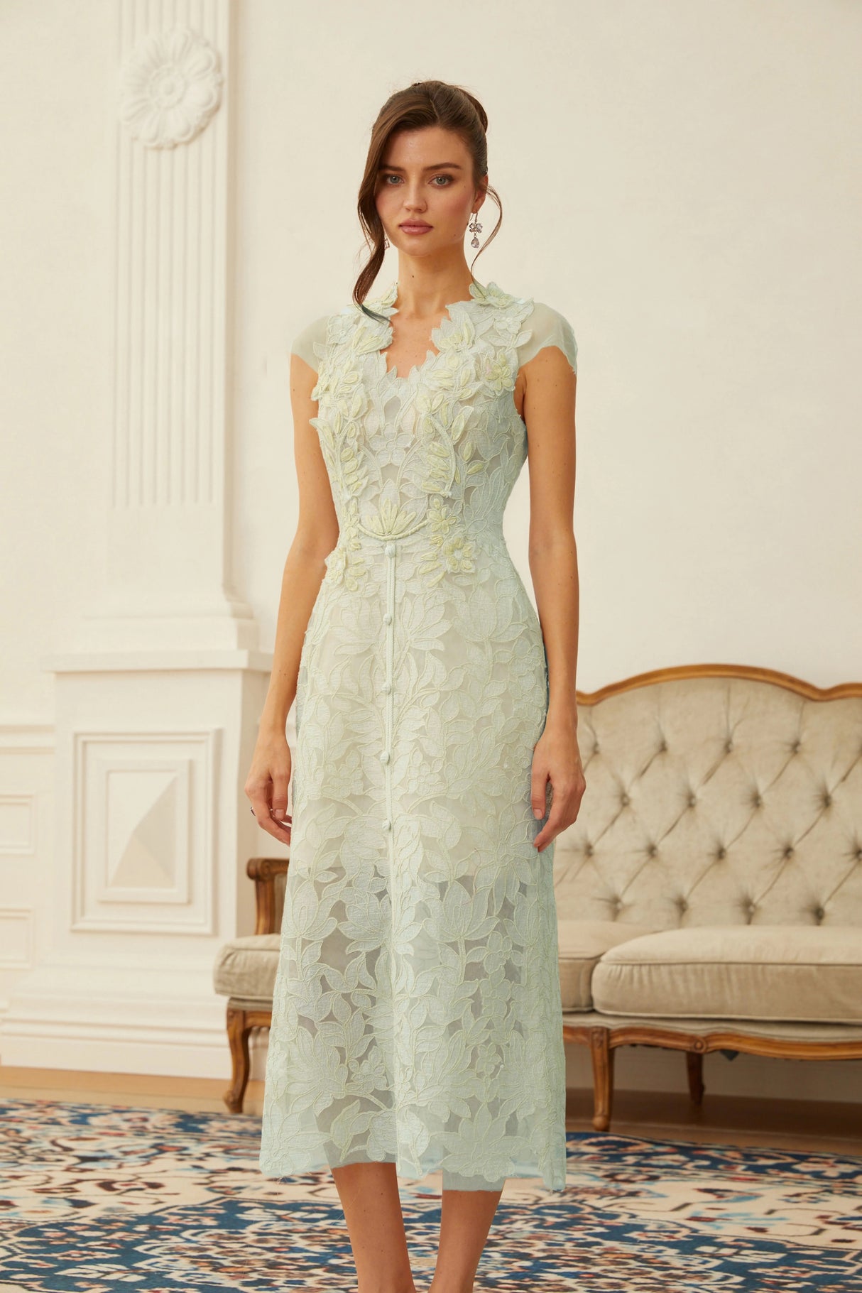 Linnea Green Floral Applique VNeck Midi Dress
