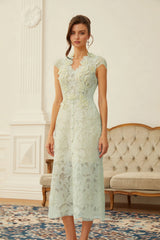 Linnea Green Floral Applique VNeck Midi Dress