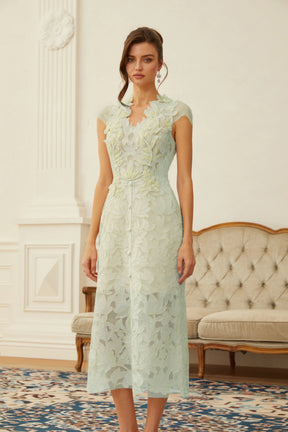 Linnea Green Floral Applique VNeck Midi Dress