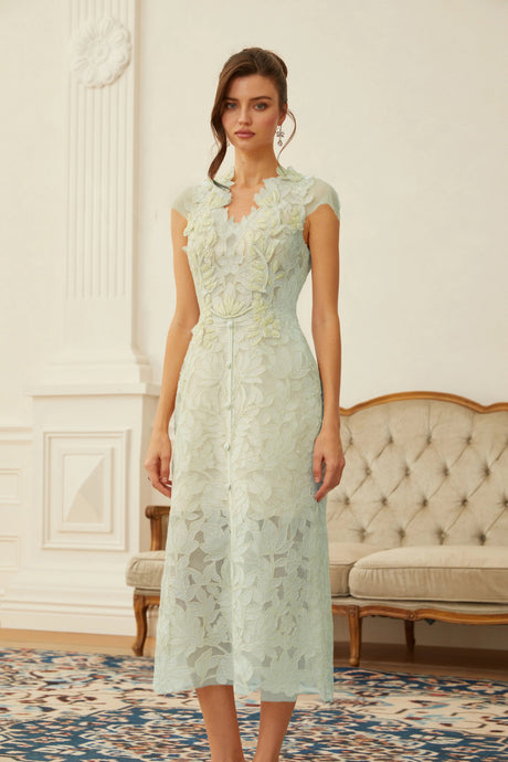 Victoria Midi Dress Green Floral Applique V-Neck
