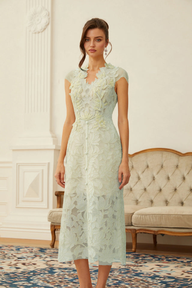 Linnea Green Floral Applique VNeck Midi Dress