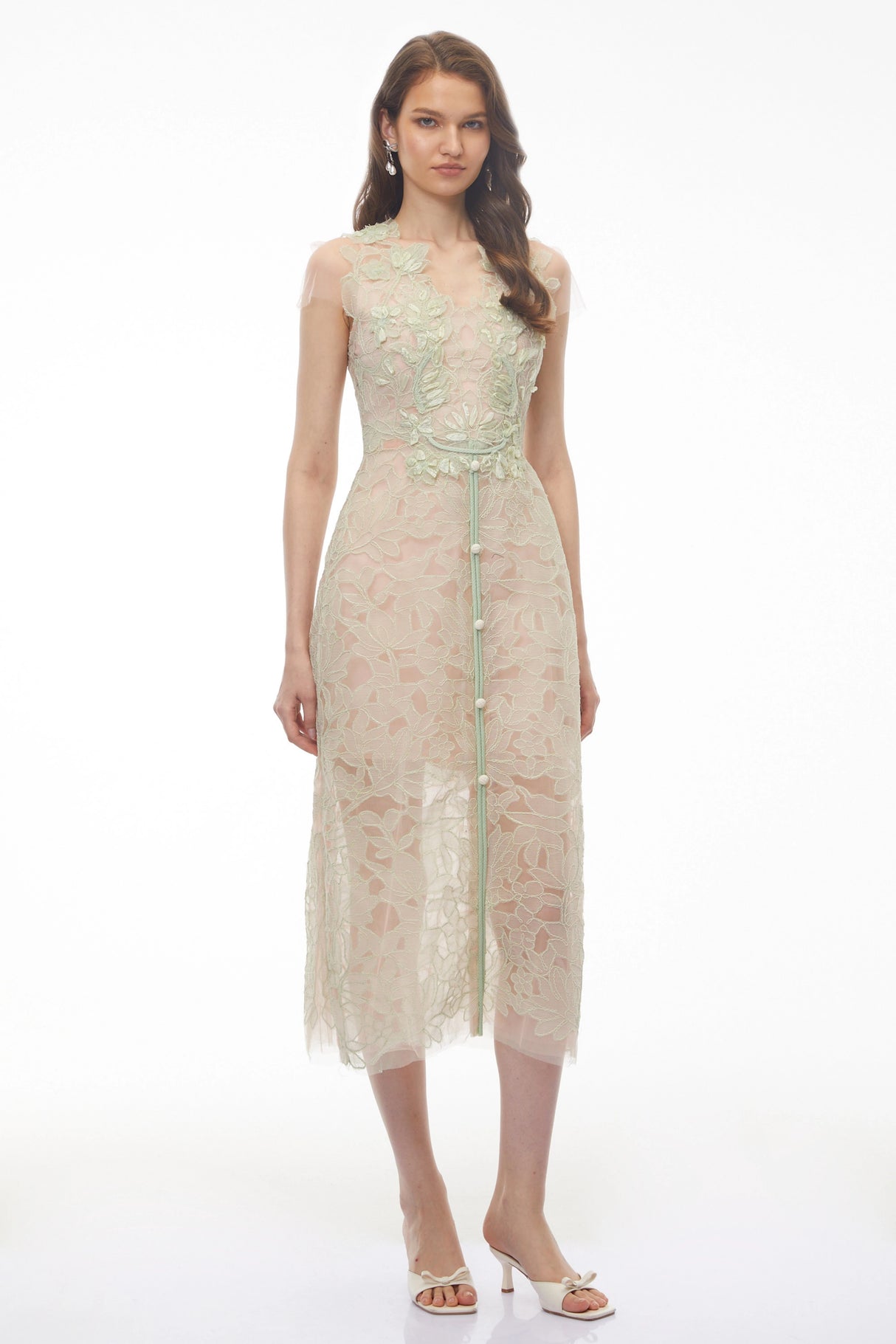 Linnea Green Floral Applique VNeck Midi Dress