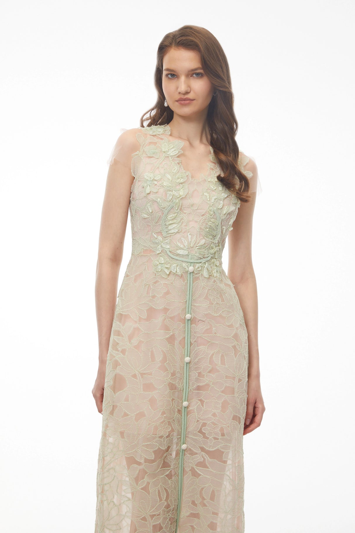 Linnea Green Floral Applique VNeck Midi Dress