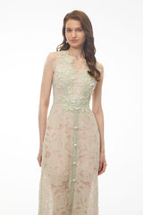 Linnea Green Floral Applique VNeck Midi Dress