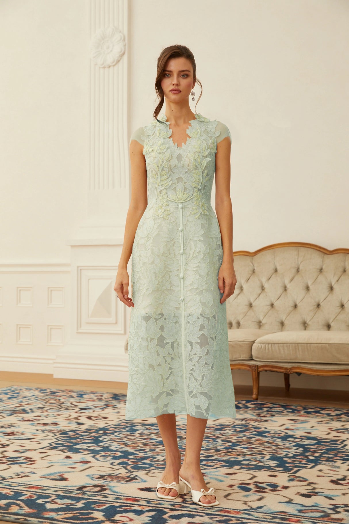 Linnea Green Floral Applique VNeck Midi Dress