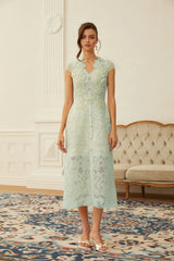 Linnea Green Floral Applique VNeck Midi Dress