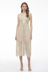 Linnea Green Floral Applique VNeck Midi Dress