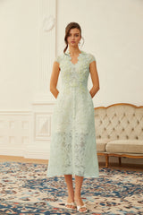 Linnea Green Floral Applique VNeck Midi Dress