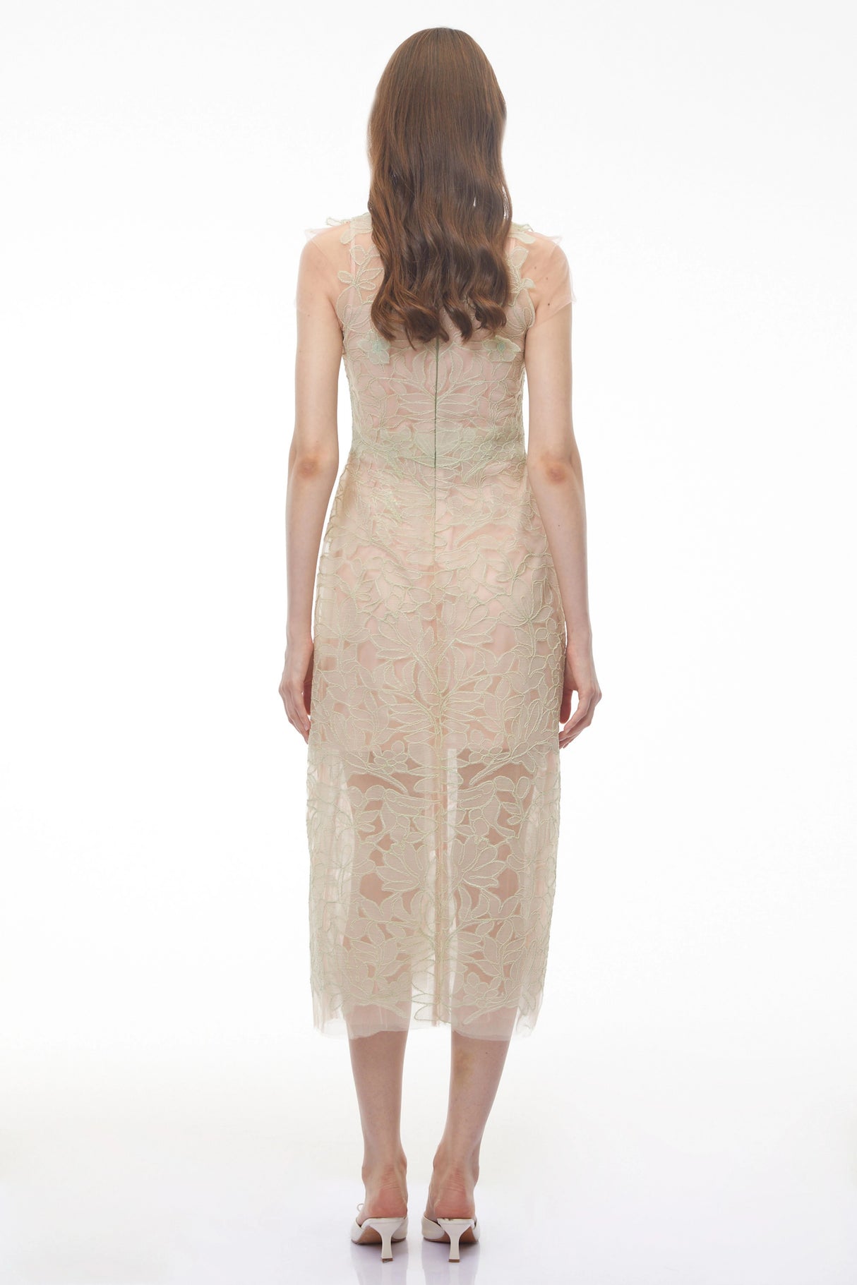 Linnea Green Floral Applique VNeck Midi Dress