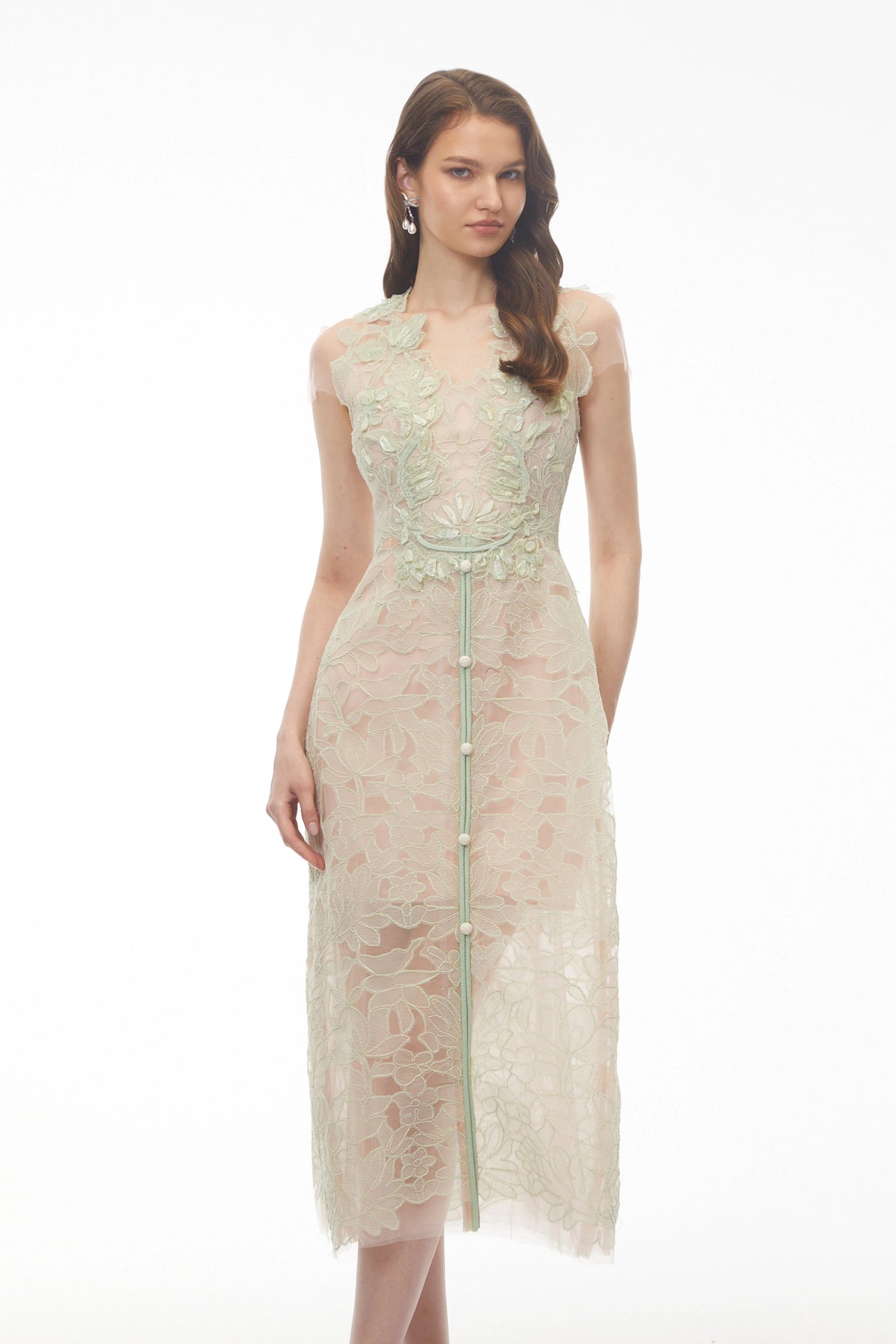 Linnea Green Floral Applique VNeck Midi Dress