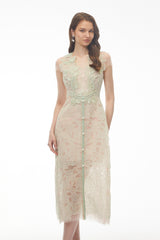 Linnea Green Floral Applique VNeck Midi Dress