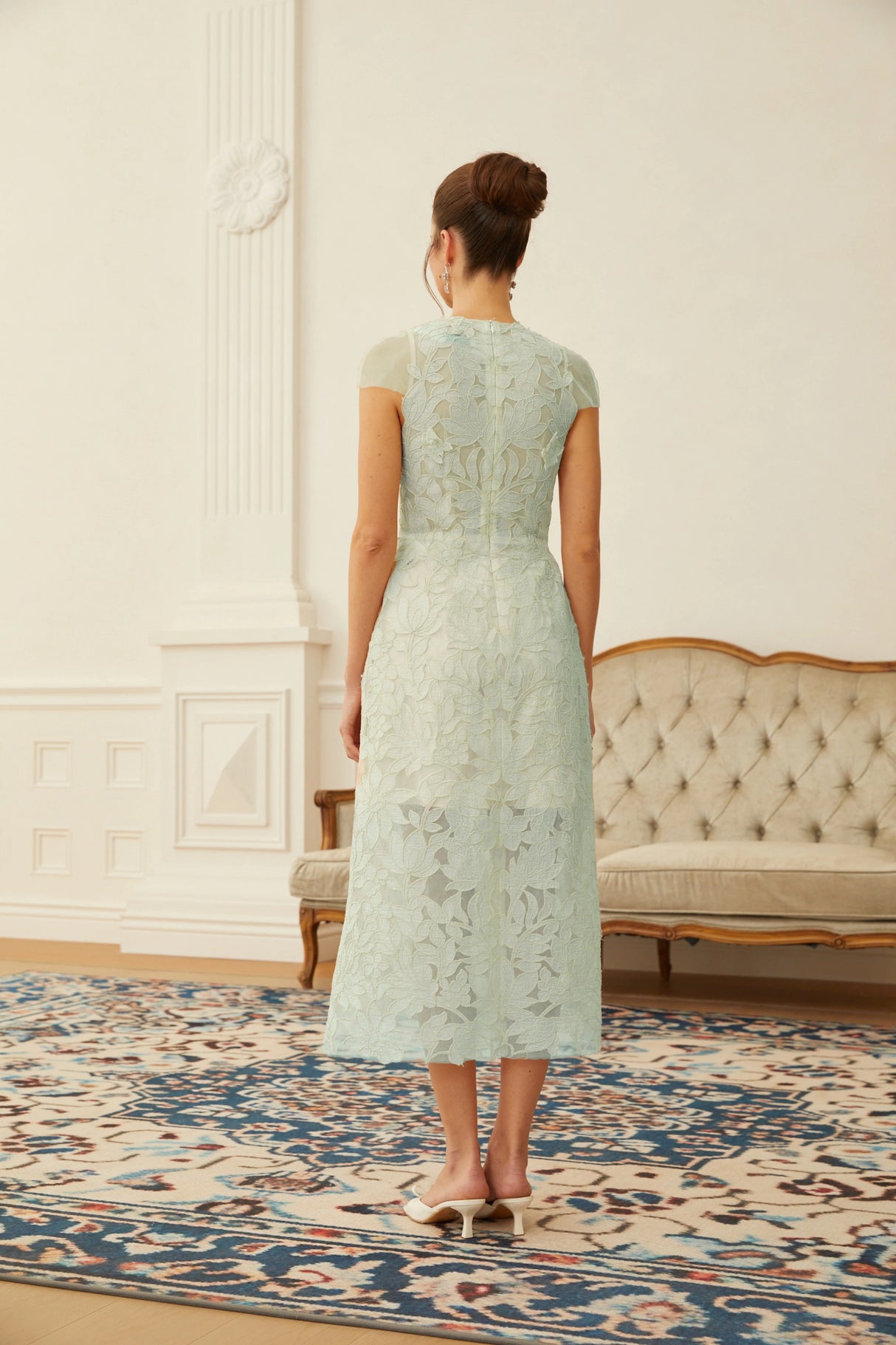 Linnea Green Floral Applique VNeck Midi Dress