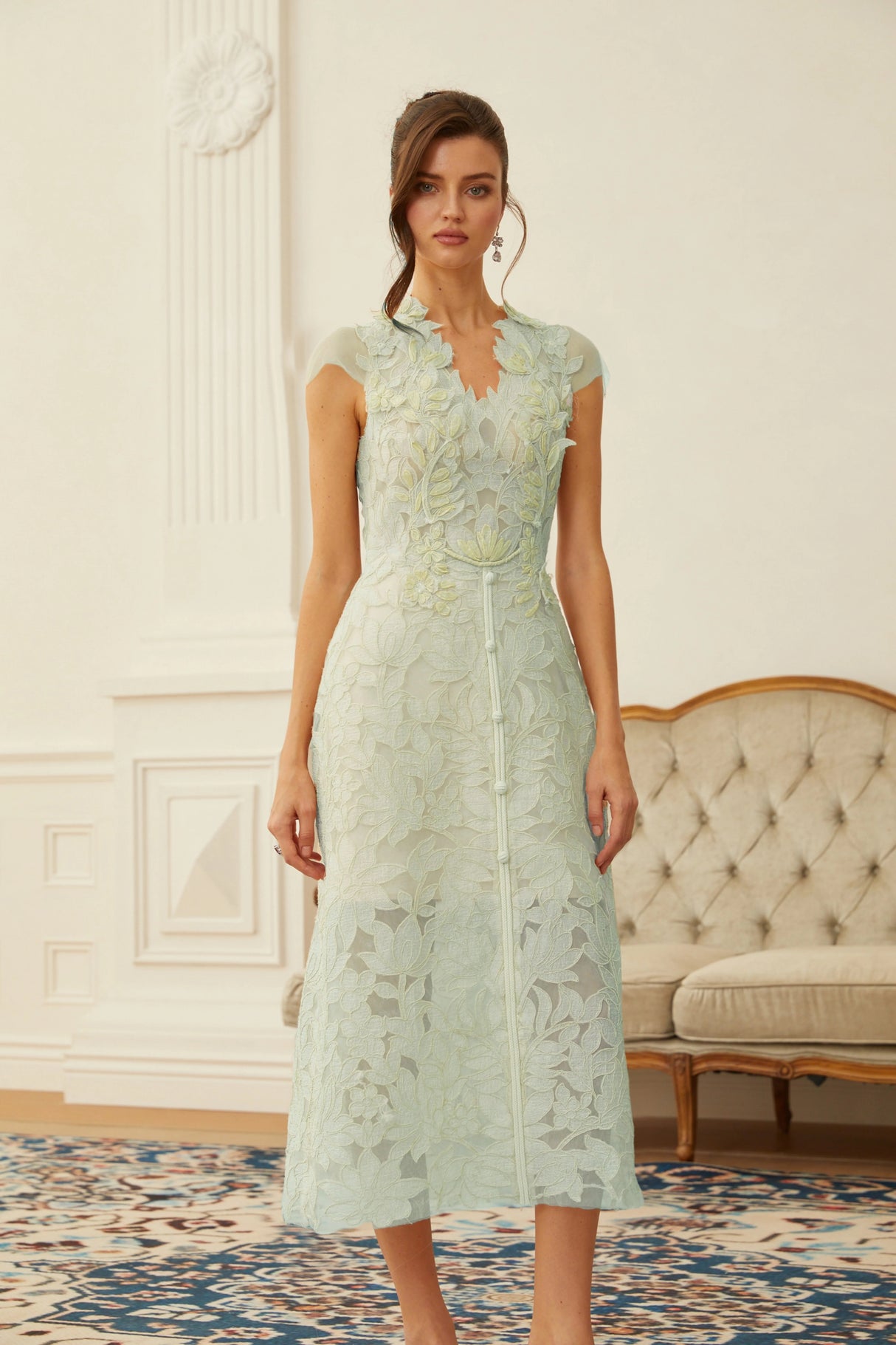 Linnea Green Floral Applique VNeck Midi Dress