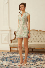 Linnea Green Floral Applique VNeck Mini Dress