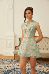 Linnea Green Floral Applique VNeck Mini Dress