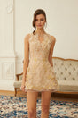 Linnea Neutral Floral Applique VNeck Mini Dress