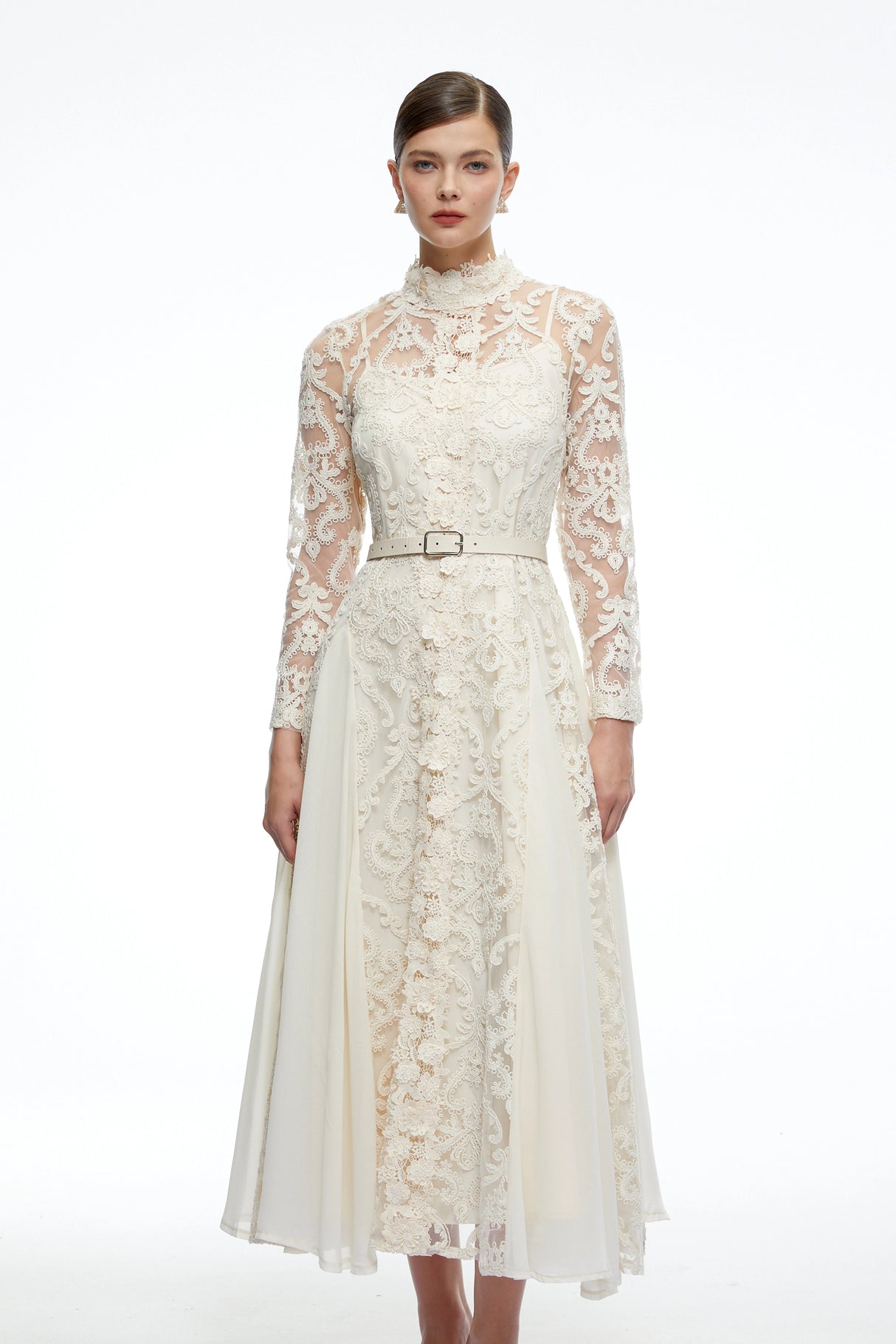 Linnea Neutral Long Sleeves Lace Midi Dress