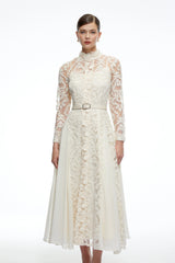 Linnea Neutral Long Sleeves Lace Midi Dress