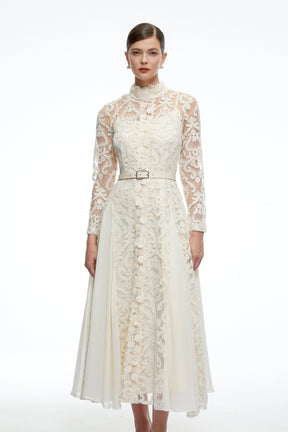 Linnea Neutral Long Sleeves Lace Midi Dress