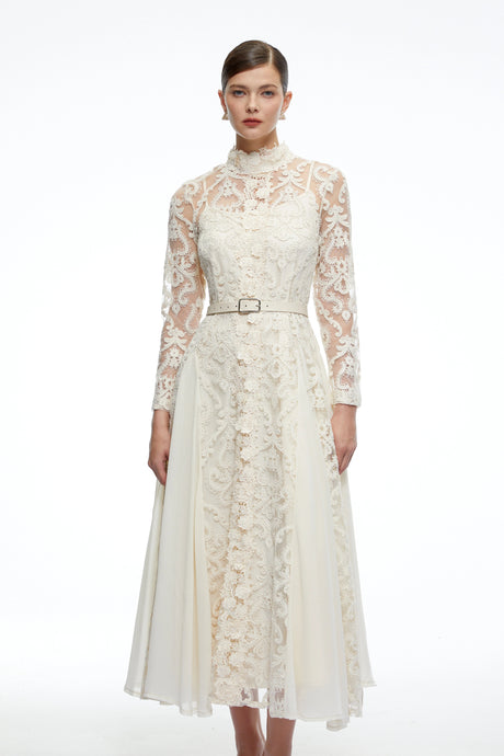 Kenzie Midi Dress Neutral Long Sleeves Lace