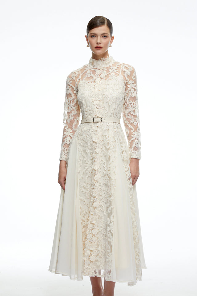 Linnea Neutral Long Sleeves Lace Midi Dress