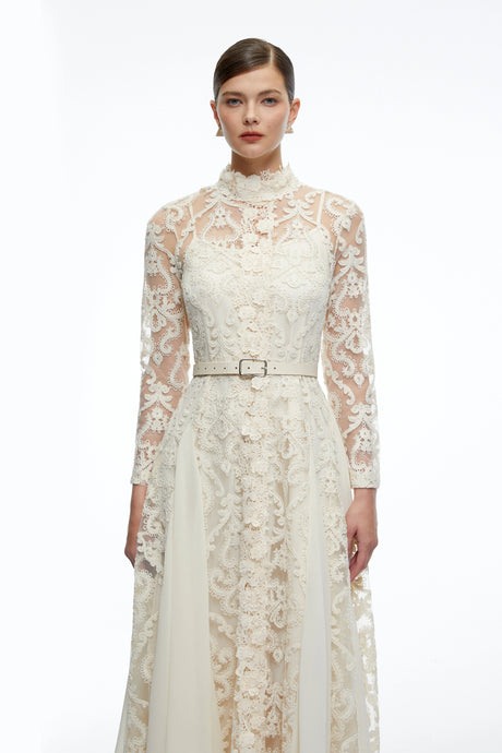 Kenzie Midi Dress Neutral Long Sleeves Lace